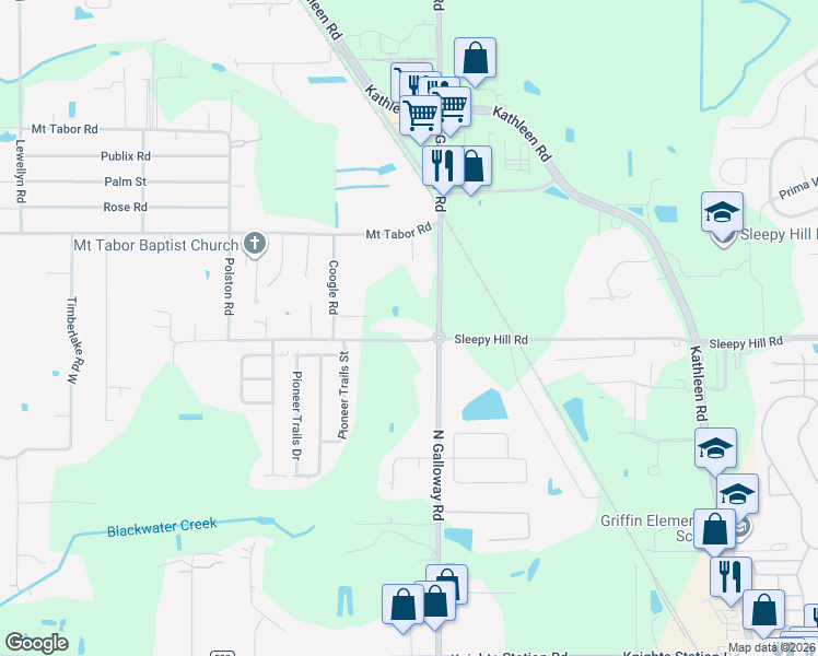 map of restaurants, bars, coffee shops, grocery stores, and more near 3029 Sleepy Hill Road in Lakeland