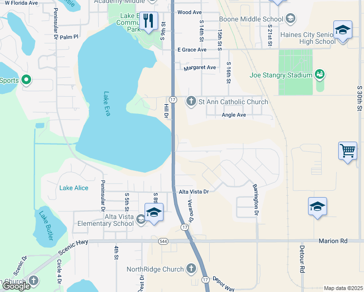 map of restaurants, bars, coffee shops, grocery stores, and more near 1515 Lake Eva Circle in Haines City