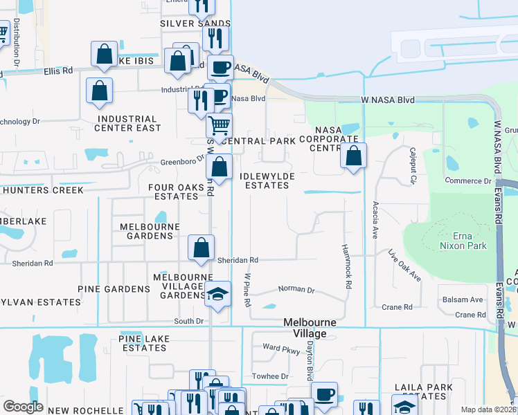 map of restaurants, bars, coffee shops, grocery stores, and more near 678 West Pine Road in Melbourne