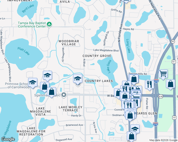 map of restaurants, bars, coffee shops, grocery stores, and more near 15312 Stonecreek Lane in Tampa