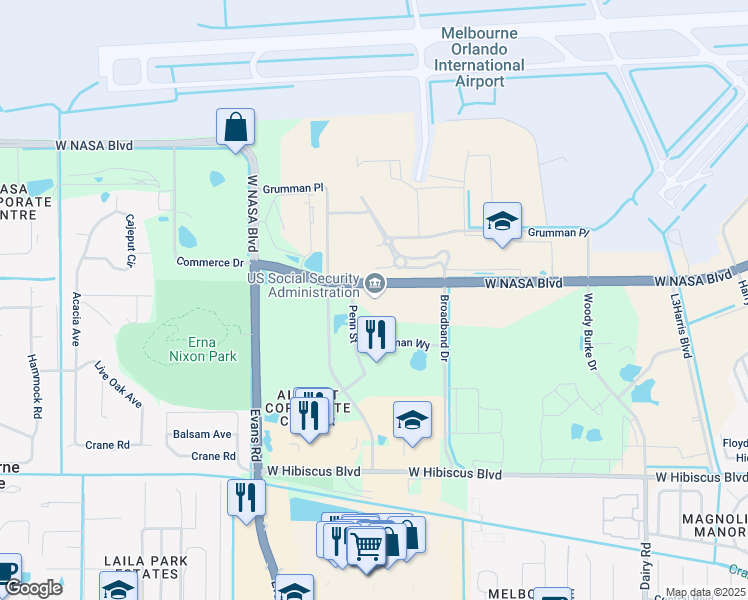 map of restaurants, bars, coffee shops, grocery stores, and more near 1715 West NASA Boulevard in Melbourne