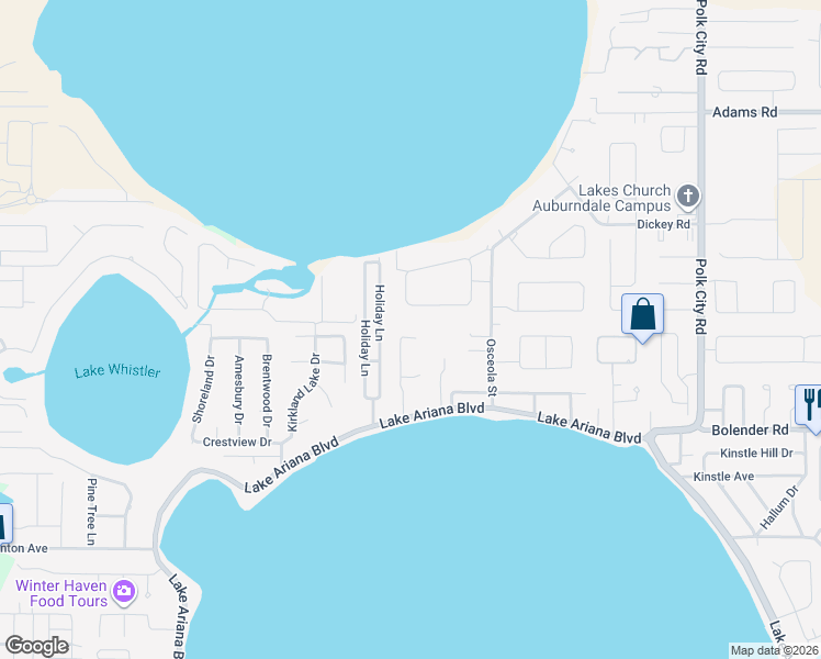 map of restaurants, bars, coffee shops, grocery stores, and more near 119 Van Fleet Court in Auburndale