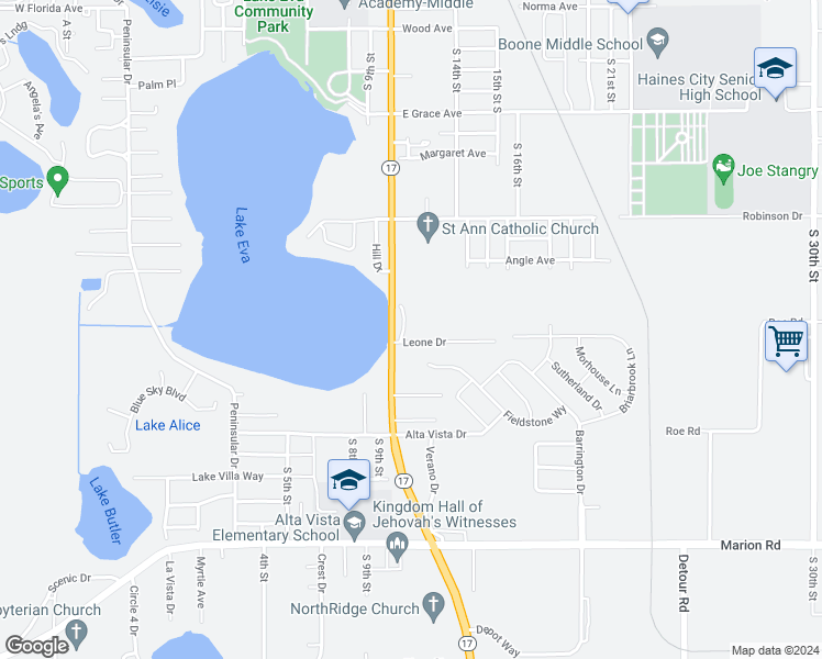 map of restaurants, bars, coffee shops, grocery stores, and more near 1515 Lake Eva Circle in Haines City