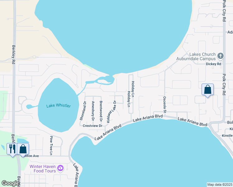 map of restaurants, bars, coffee shops, grocery stores, and more near 902 Hardy Way in Auburndale