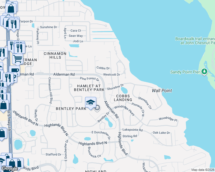 map of restaurants, bars, coffee shops, grocery stores, and more near 3326 Cobbs Circle in Palm Harbor