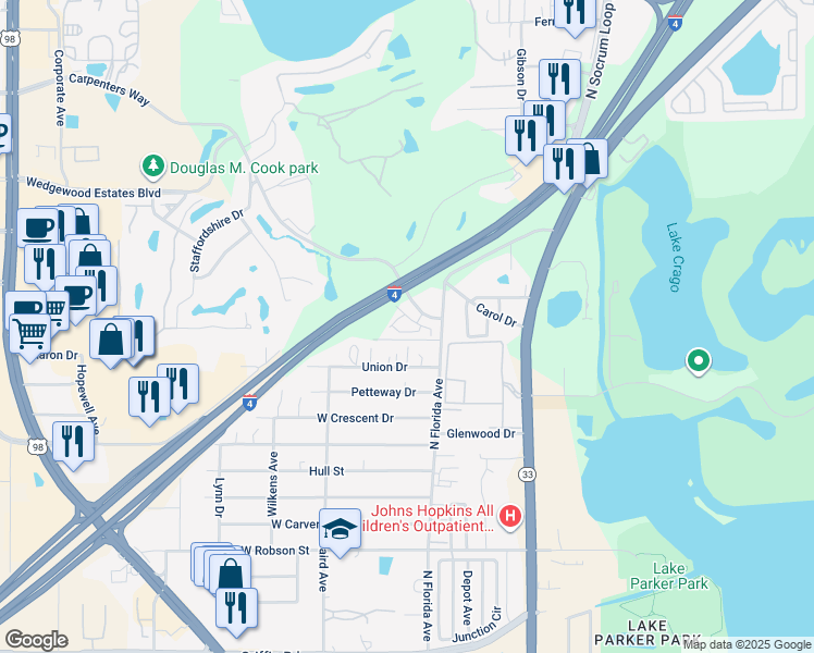 map of restaurants, bars, coffee shops, grocery stores, and more near 222-1 Carpenters Way in Lakeland