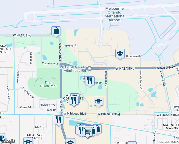 map of restaurants, bars, coffee shops, grocery stores, and more near 1715 West NASA Boulevard in Melbourne