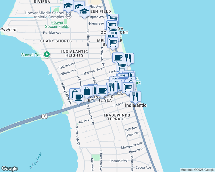 map of restaurants, bars, coffee shops, grocery stores, and more near 201 3rd Avenue in Indialantic