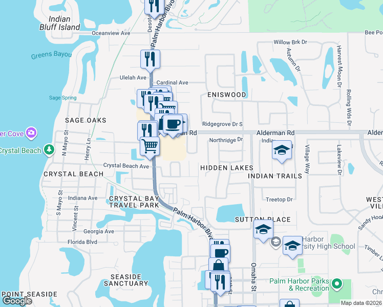 map of restaurants, bars, coffee shops, grocery stores, and more near 110 Ramona Circle in Palm Harbor