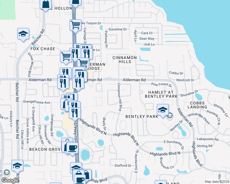 map of restaurants, bars, coffee shops, grocery stores, and more near 2961 Macalpin Drive South in Palm Harbor