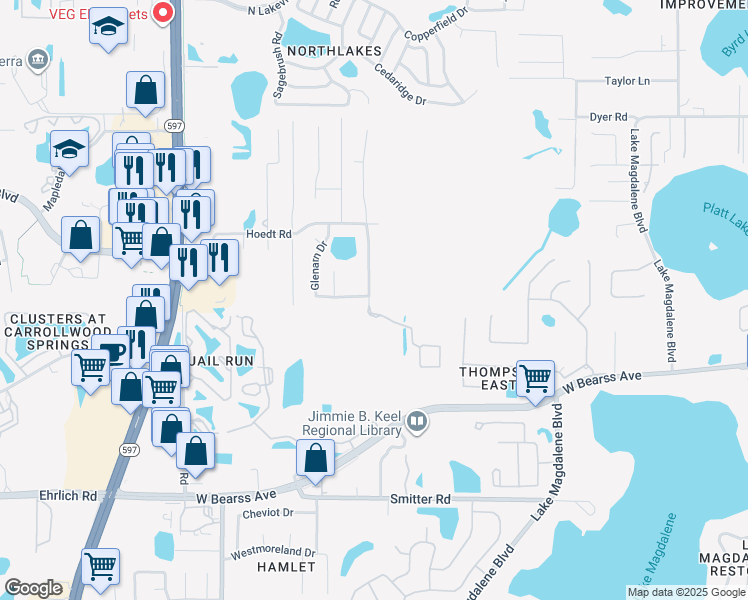 map of restaurants, bars, coffee shops, grocery stores, and more near 15803 Hampton Village Drive in Tampa