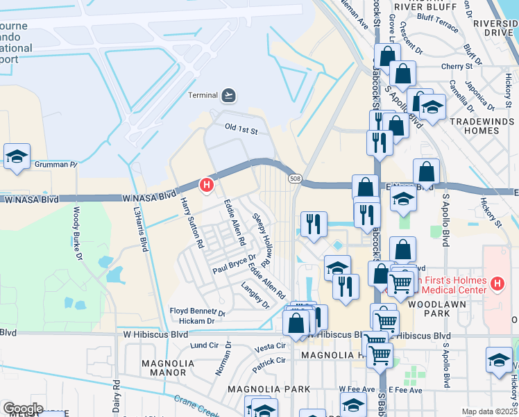 map of restaurants, bars, coffee shops, grocery stores, and more near 1101-1131 Sleepy Hollow Road in Melbourne