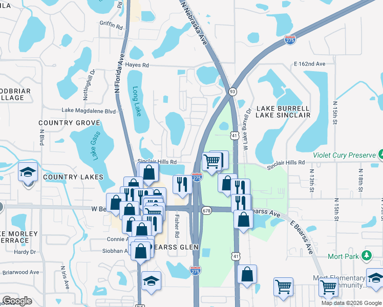 map of restaurants, bars, coffee shops, grocery stores, and more near 15415 Lakeshore Villa Drive in Tampa