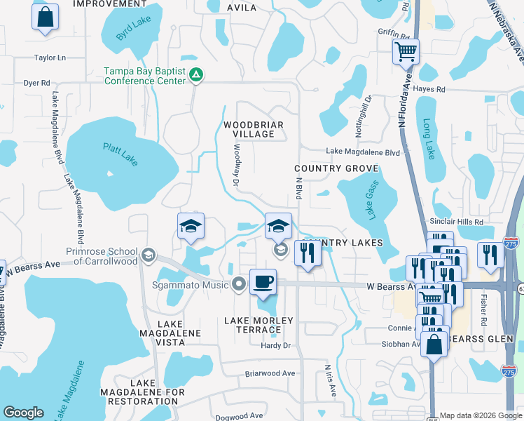 map of restaurants, bars, coffee shops, grocery stores, and more near 15414 Woodway Drive in Tampa