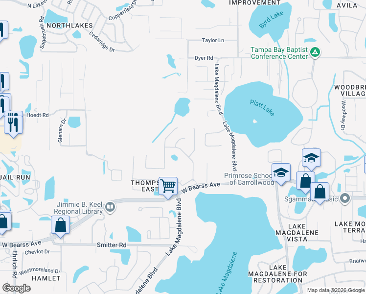 map of restaurants, bars, coffee shops, grocery stores, and more near 2117 Chestnut Forest Drive in Tampa
