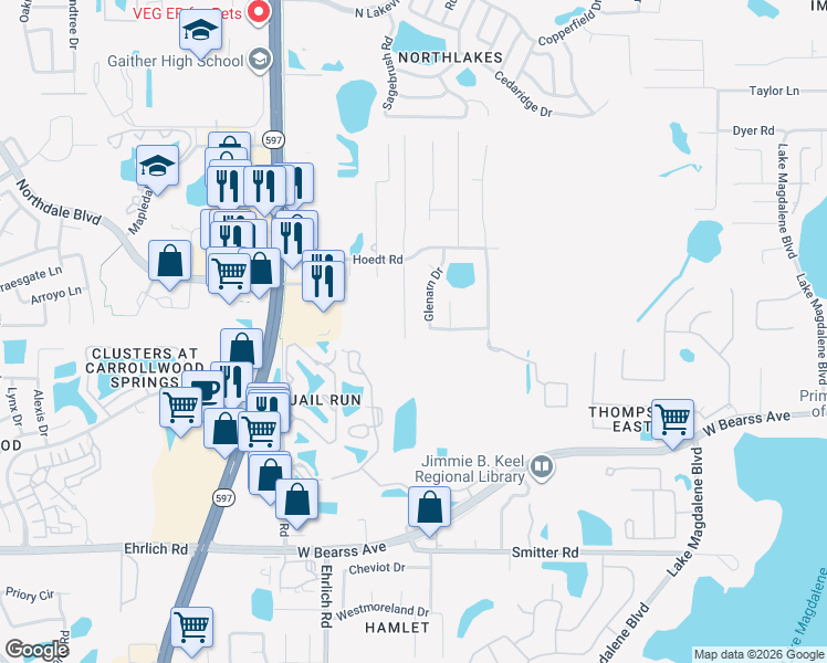 map of restaurants, bars, coffee shops, grocery stores, and more near 15425 North Himes Avenue in Tampa
