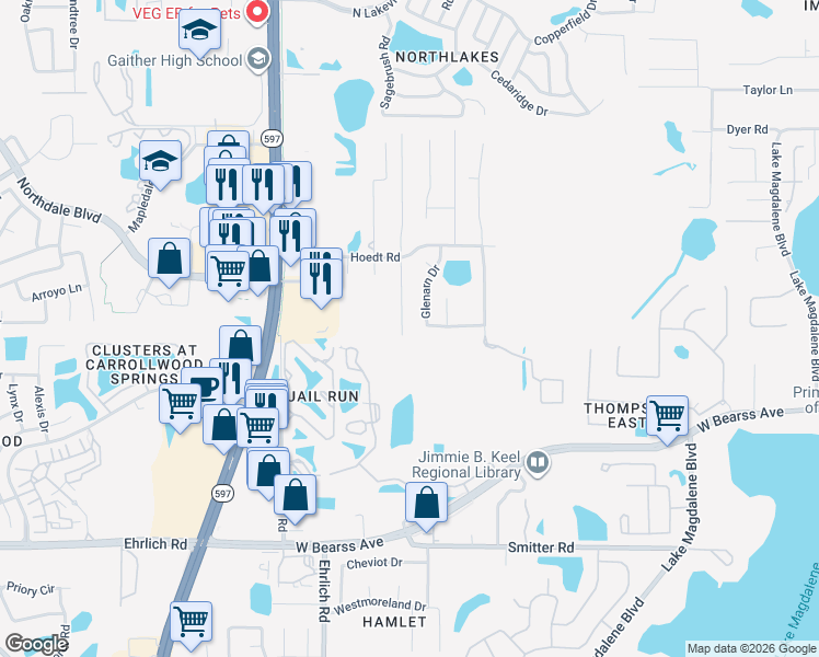 map of restaurants, bars, coffee shops, grocery stores, and more near 15425 North Himes Avenue in Tampa