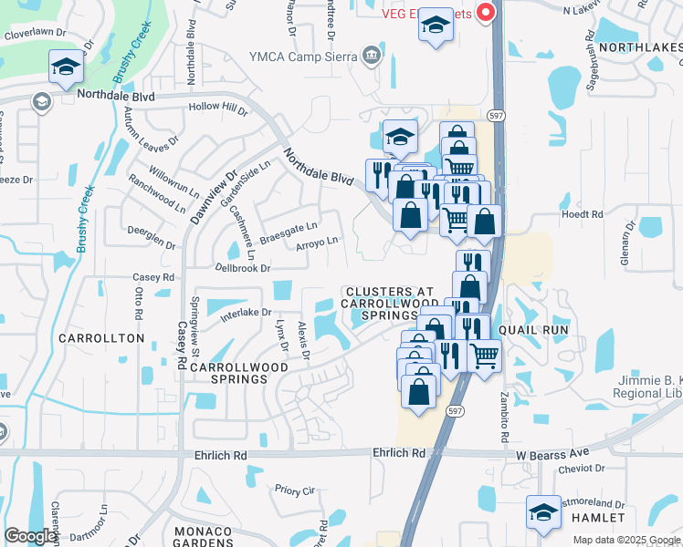 map of restaurants, bars, coffee shops, grocery stores, and more near 15801 Knollview Drive in Tampa