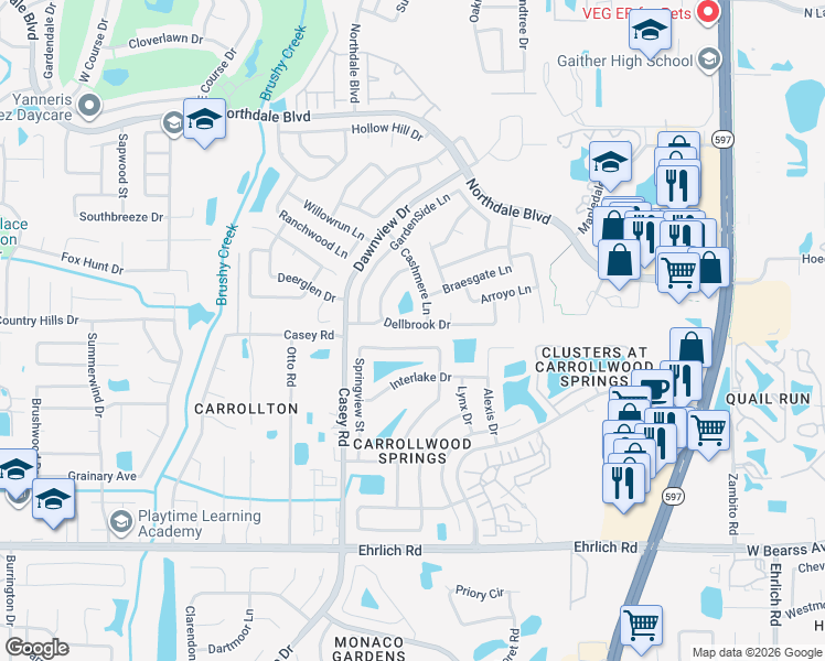 map of restaurants, bars, coffee shops, grocery stores, and more near 4110 Dellbrook Drive in Tampa