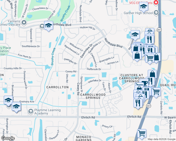 map of restaurants, bars, coffee shops, grocery stores, and more near 4110 Dellbrook Drive in Tampa