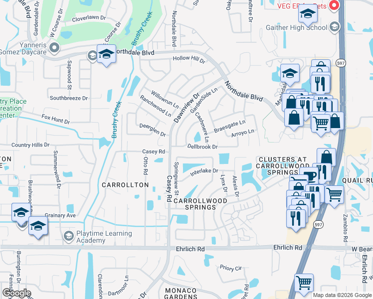 map of restaurants, bars, coffee shops, grocery stores, and more near 4110 Dellbrook Drive in Tampa