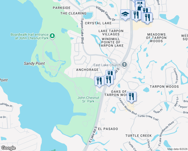 map of restaurants, bars, coffee shops, grocery stores, and more near 725 Windward Way in Palm Harbor