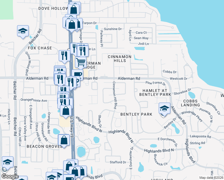 map of restaurants, bars, coffee shops, grocery stores, and more near 2961 Macalpin Drive South in Palm Harbor