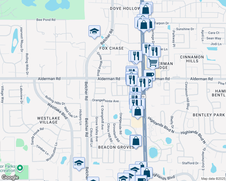 map of restaurants, bars, coffee shops, grocery stores, and more near 2610 Knoll Street West in Palm Harbor