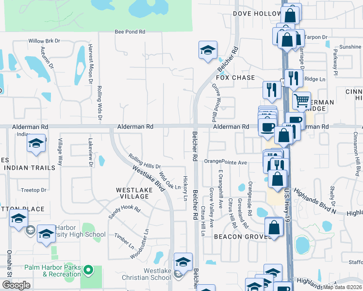 map of restaurants, bars, coffee shops, grocery stores, and more near 2040 Alderman Road in Palm Harbor