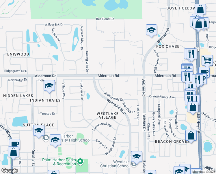 map of restaurants, bars, coffee shops, grocery stores, and more near 20 Pinetree Court in Palm Harbor