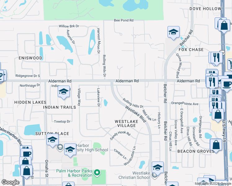 map of restaurants, bars, coffee shops, grocery stores, and more near 980 Rolling Hills Drive in Palm Harbor