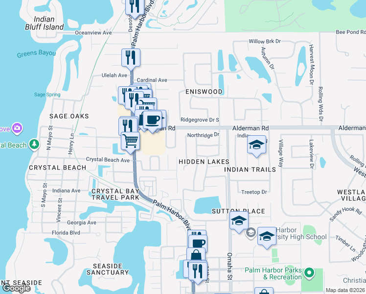 map of restaurants, bars, coffee shops, grocery stores, and more near 115 Ramona Circle in Palm Harbor
