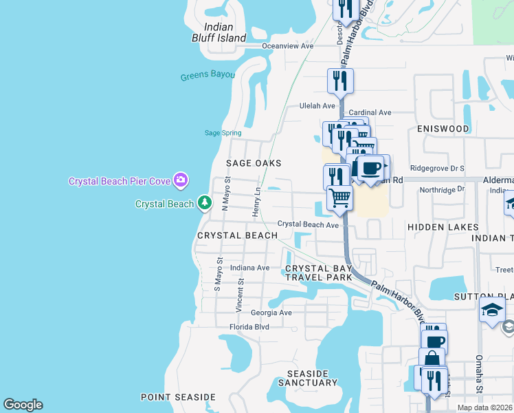 map of restaurants, bars, coffee shops, grocery stores, and more near 380 Crystal Beach Avenue in Palm Harbor