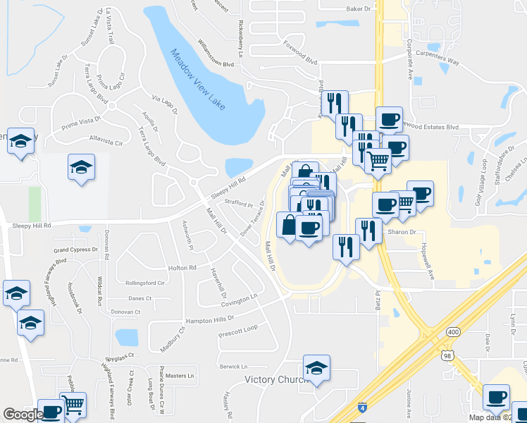 map of restaurants, bars, coffee shops, grocery stores, and more near 4057 Dover Terrace Drive in Lakeland