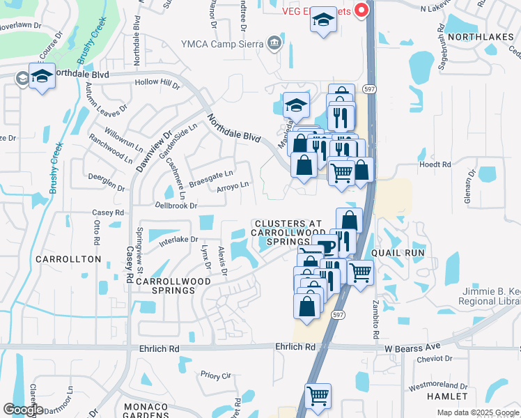 map of restaurants, bars, coffee shops, grocery stores, and more near 15801 Knollview Drive in Tampa