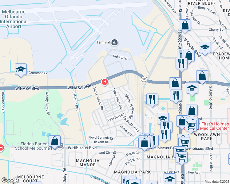 map of restaurants, bars, coffee shops, grocery stores, and more near 1123 Eddie Allen Road in Melbourne