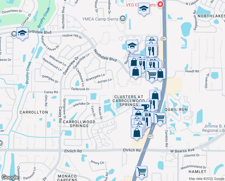 map of restaurants, bars, coffee shops, grocery stores, and more near 15801 Knollview Drive in Tampa