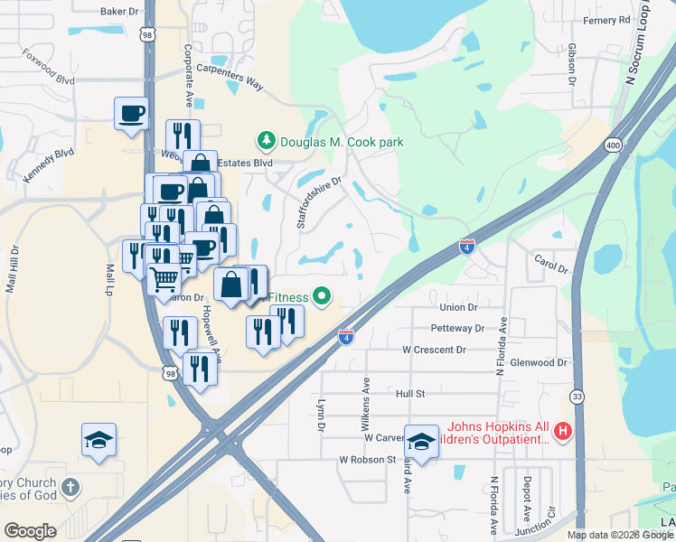 map of restaurants, bars, coffee shops, grocery stores, and more near 639 Rockingham Road in Lakeland