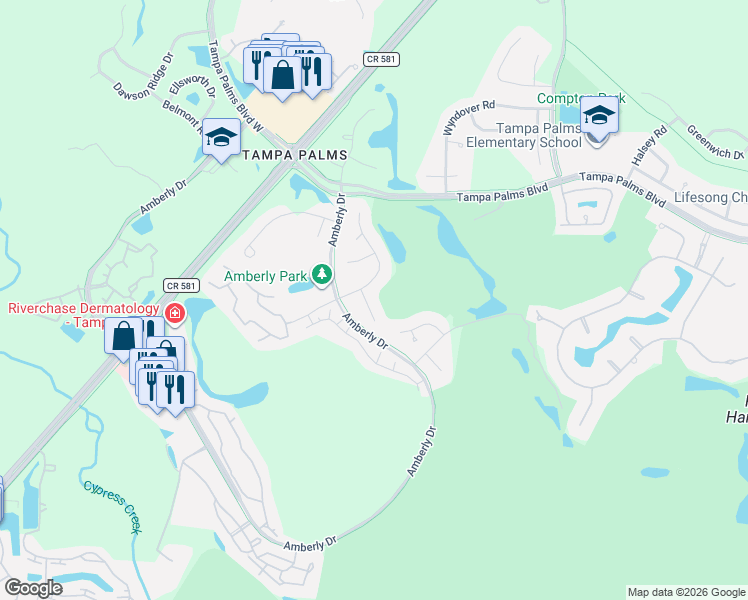 map of restaurants, bars, coffee shops, grocery stores, and more near 15505 Fentress Court in Tampa
