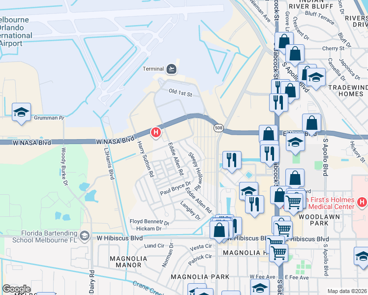 map of restaurants, bars, coffee shops, grocery stores, and more near 1101-1131 Sleepy Hollow Road in Melbourne