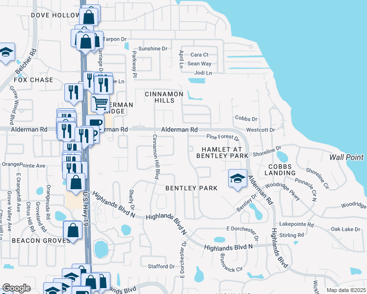 map of restaurants, bars, coffee shops, grocery stores, and more near 2620 Bentley Dr in Palm Harbor