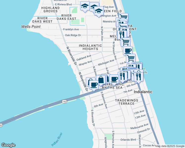 map of restaurants, bars, coffee shops, grocery stores, and more near 409 1st Avenue in Indialantic