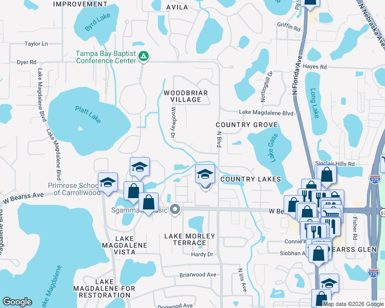 map of restaurants, bars, coffee shops, grocery stores, and more near 15414 Woodway Drive in Tampa