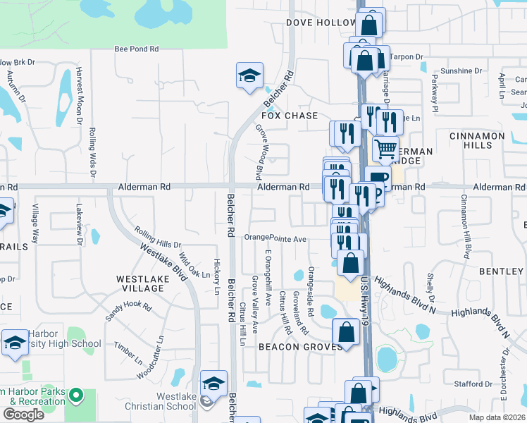 map of restaurants, bars, coffee shops, grocery stores, and more near 2208 Citrus Valley Circle in Palm Harbor