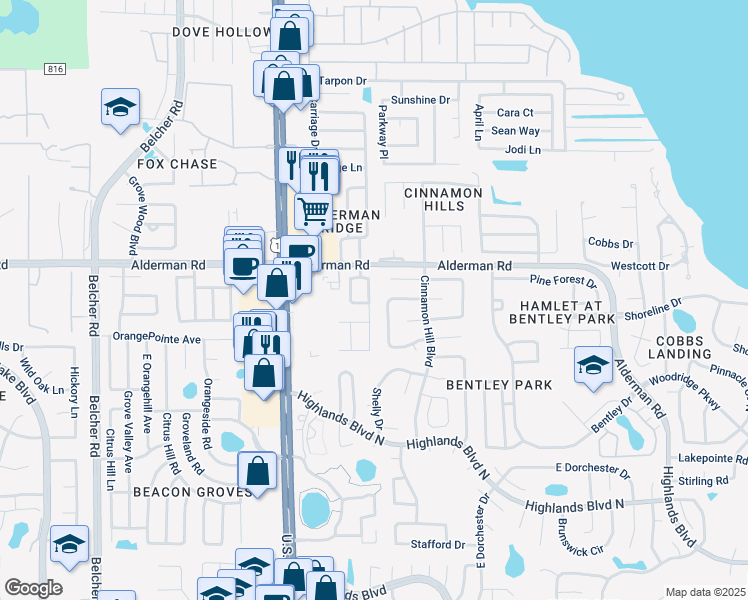 map of restaurants, bars, coffee shops, grocery stores, and more near 2665 Aster Drive in Palm Harbor