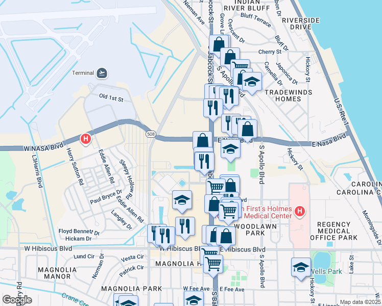 map of restaurants, bars, coffee shops, grocery stores, and more near 1050 South Babcock Street in Melbourne