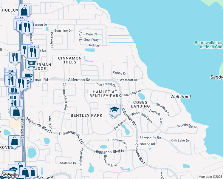 map of restaurants, bars, coffee shops, grocery stores, and more near 3258 Pine Forest Court in Palm Harbor