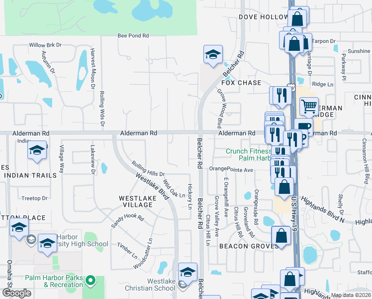 map of restaurants, bars, coffee shops, grocery stores, and more near 2040 Alderman Road in Palm Harbor
