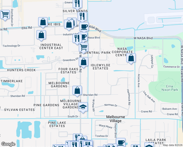 map of restaurants, bars, coffee shops, grocery stores, and more near 678 West Pine Road in Melbourne