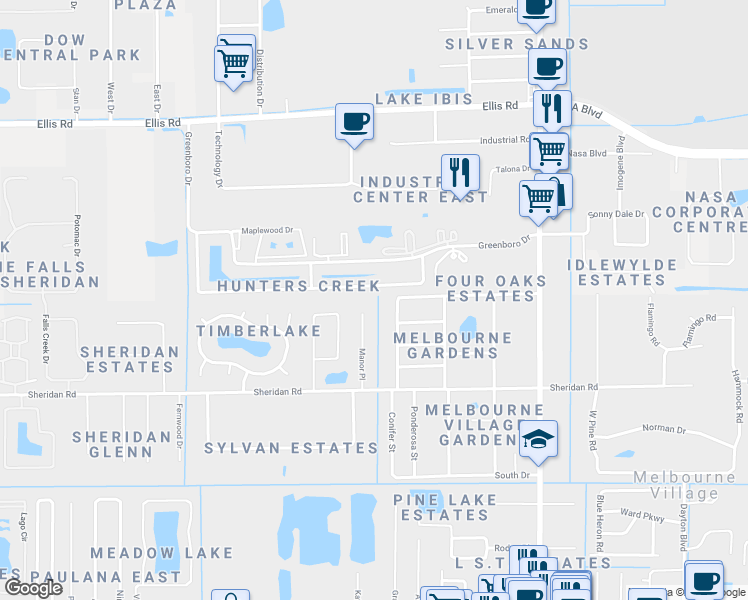 map of restaurants, bars, coffee shops, grocery stores, and more near 823 Hunters Creek Drive in Melbourne